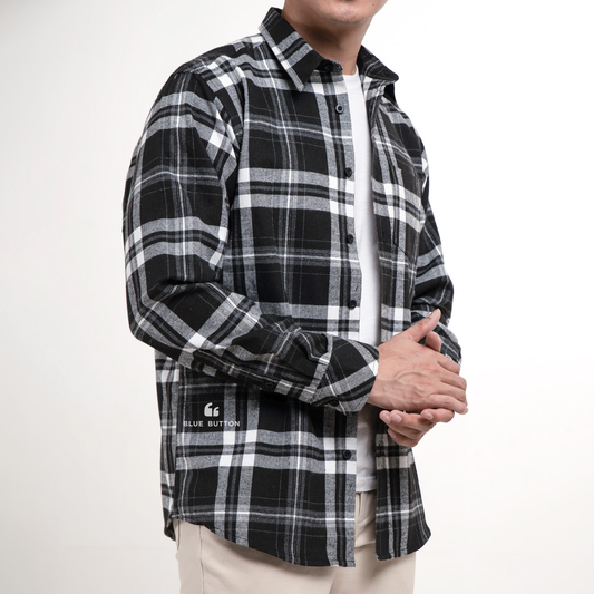 Kemeja Flanel Lengan Panjang - Black Off White