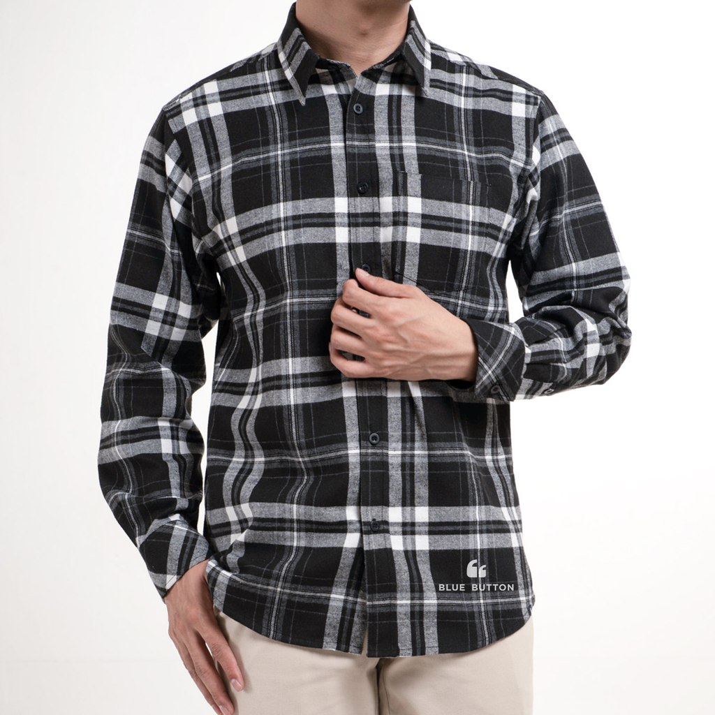 Kemeja Flanel Lengan Panjang - Black Off White